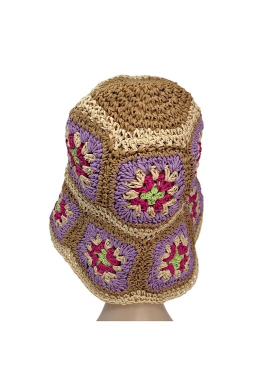 Vintage‎ Crochet Straw Bucket Hat Granny Square Pastel Boho 1990s